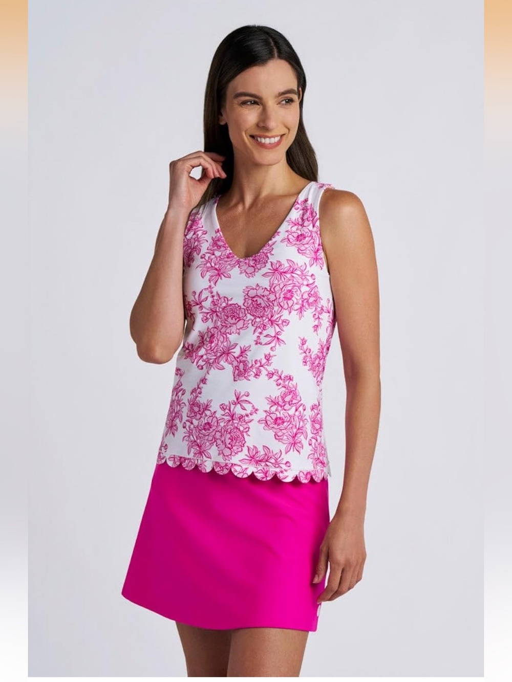 Coolibar Tankini Top - White with Pink Floral Print (Fuchsia Bouquet) - Large